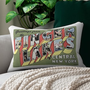Finger Lakes Vintage Postcard Pillow – 12x16 Lumbar Throw Pillow – Upstate NY Lake House Gift – New York Travel Decor - Finger Lakes Realtor