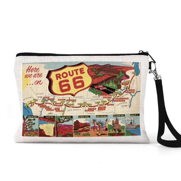 Route 66 Postcard Pouch - Vintage Route 66 postcard - Route 66 Gift - Route 66 Wristlet - Route 66 Travel Pouch - Route 66 Electronics Pouch