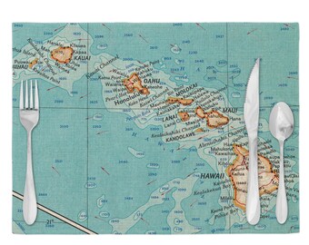 Hawaii Map Placemats - Hawaii Placemat Set - Hawaii Airbnb Decor - Hawaii Kitchen - Hawaii Vacation Rental - Hawaii  Wedding Gift