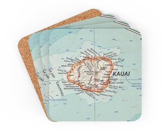 Kauai Hawaii Map Coaster Set - Kauai Coasters - Kauai Airbnb Decor - Kauai Map - Kauai Housewarming - Kauai Gift