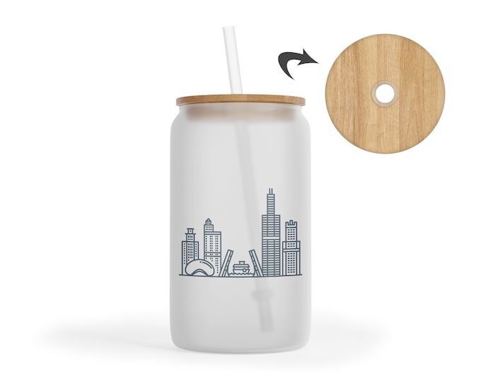 Chicago Iced Coffee Tumbler - Chicago Frosted Glass Tumbler - Chicago Bridesmaid - Chicago Skyline - Chicago Wedding Favor
