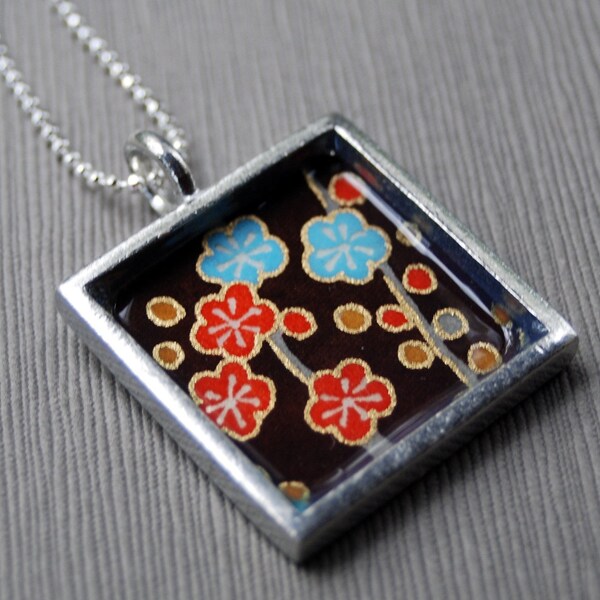 Chocolate Cherry Blossom - Square Pewter Pendant - Includes Chain