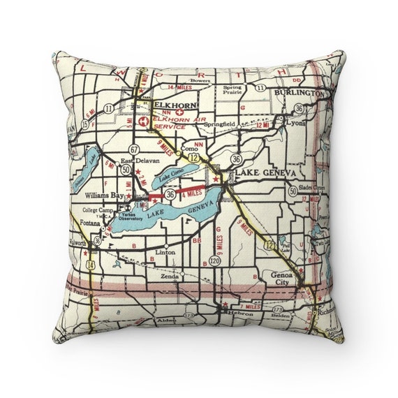 WI Map Vintage Lake Geneva Williams Bay Premium Pillow Wisconsin Fontana Pillow