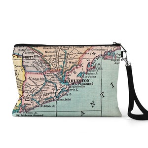 Charleston South Carolina Map Pouch - Charleston Wristlet - Charleston Wedding - Charleston Makeup Bag - Charleston Travel Pouch