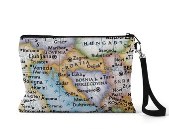 Croatia Map Pouch - Croatia Wristlet - Croatia Bridesmaid Gift - Croatia Makeup Bag - Croatia Electronics Pouch - Croatia Travel Pouch