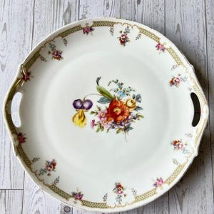Antique Z.S. & Co Bavaria Floral Porcelain Plate with Handles, Vintage Bavarian China Tray, Decorative Gold Trim Wall Hanging