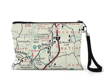 Sedona Arizona Map Pouch - Sedona Map - Sedona Wristlet - Sedona Bridesmaid Gift - Sedona Bachelorette - Sedona Wedding - Sedona Map Pouch