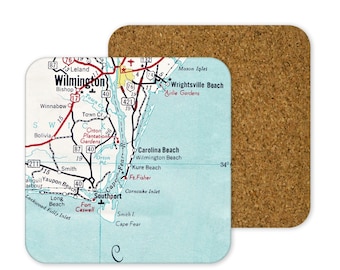 Carolina Beach Map Coaster Set - North Carolina Coasters - Wilmington Beach Airbnb - Kure Beach Wedding - Carolina Beach Housewarming Gift