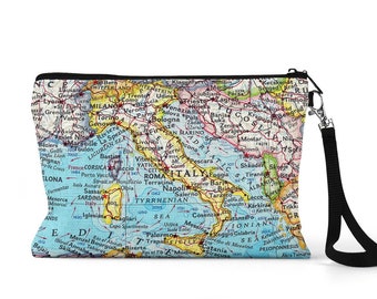 Italy Map Pouch - Vintage Italy Map - Italy Gift - Italy Wristlet - Italy Bridesmaid Gift - Italy Makeup Bag - Italy Stadium Bag