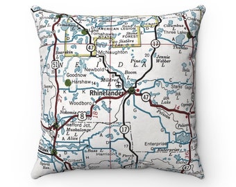 Rhinelander Wisconsin Map Pillow - Rhinelander Map Pillow - Rhinelander Pillow - Housewarming Gift - Airbnb Decor