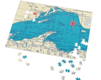 Lake Superior Lighthouses Map Puzzle - Puzzle for Adults - Lake Superior Lighthouses Jigsaw Puzzle - 500 Piece Puzzle - Lake Superior Airbnb