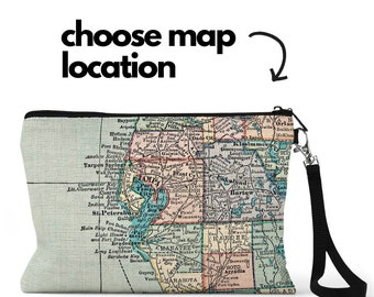 Custom Map Zippered Pouch - Custom Map Wristlet - Custom Map Bag - Custom Map Bridesmaid Gift - Custom Map Coin Purse - Girls Weekend