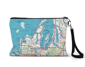 Traverse City Travel Pouch - Traverse City Map - Traverse City Bridesmaid Gift - Traverse City Wristlet - Traverse City Vacation