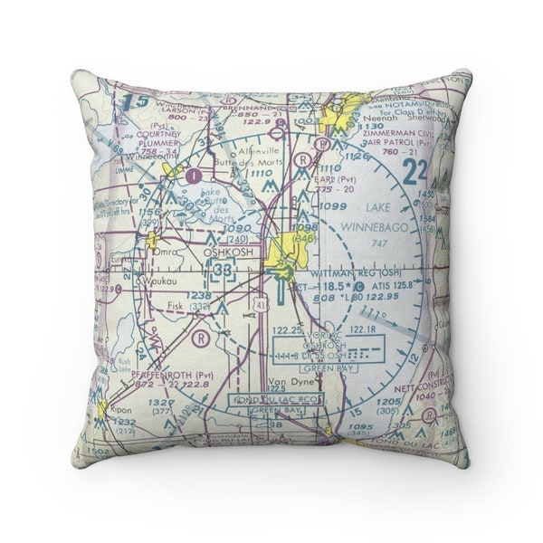 Oshkosh Aeronautical Chart Pillow - Pilot Gift - Wittman Regional Airport Pillow - EAA AirVenture Oshkosh - Gift for Flight Attendant