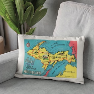 Upper Michigan Postcard Pillow Upper Peninsula Pillow Michigan Housewarming Gift Upper Peninsula Airbnb Michigan Realtor Gift UP Pillow