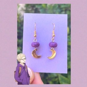 Tsukishima Kei Haikyuu Earrings – Purple Moon Dangle Earrings – Anime Jewelry Gift – Handmade Purple Gold Earrings – Anime Gift for Her