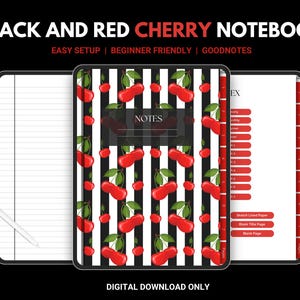 Op de afbeelding: Een digitaal notitieboek met een zwart-wit verticaal gestreepte kaft, een rood kersenpatroon en de tekst NOTES. Het scherm toont gelinieerde pagina's, een rode index met tabbladen en een witte stylus. Tekst: BLACK AND RED CHERRY NOTEBOOK.