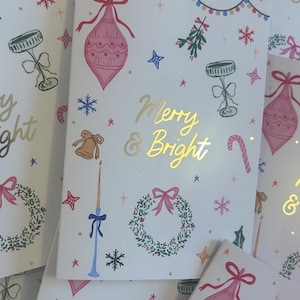 Carte de voeux illustrée à la main « Merry & Bright » en feuille d'or