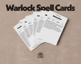May include: A set of five white cards with black text, each card featuring a different warlock spell card. The cards are titled "Contact", "Vow", "Unsummon", "Illusion", and "Eldritch Blast".