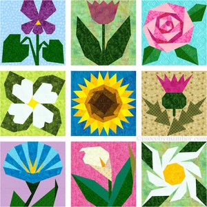 9 Flowers paper pieced block quilt patterns w/bonus block PDF, 6 & 12 inch, foundation piecing FPP, botanical flower floral garden nature