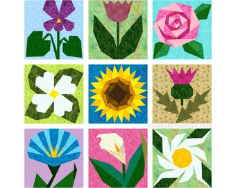 9 Flowers paper pieced block quilt patterns w/bonus block PDF, 6 & 12 inch, foundation piecing FPP, botanical flower floral garden nature
