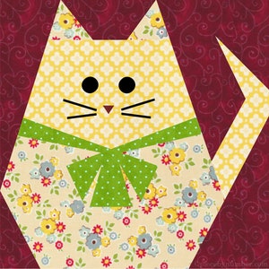 Fat Cat paper piece quilt block pattern PDF download, 12 inch block, easy foundation piecing FPP, bow tie kitty kitten moggie animal feline