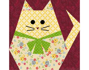 Fat Cat paper piece quilt block pattern PDF download, 12 inch block, easy foundation piecing FPP, bow tie kitty kitten moggie animal feline