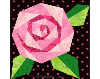 Modèle de bloc de courtepointe à assembler en papier Rosie's Rose à télécharger en format PDF, 6 et 12 pouces, rose en spirale, fleur botanique jardin floral nature printemps rosie's