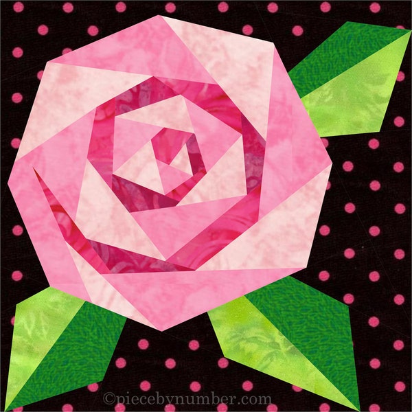 Rosie's Rose Papierblume Quilt Block Muster, PDF download, 6 & 12 inch, Spirale Rose, botanische Blumen Blumengarten Natur Frühling rosie's