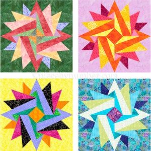 Indian Summer paper piece star quilt block pattern PDF download, 6 & 12 inch, God's Eye variation, easy FPP foundation piecing, geometric image 1