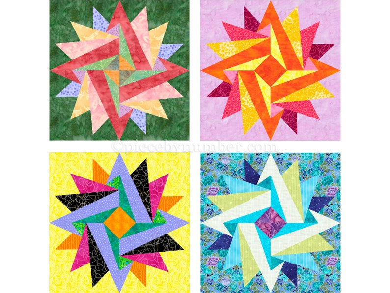 Indian Summer paper piece star quilt block pattern PDF download, 6 & 12 inch, God's Eye variation, easy FPP foundation piecing, geometric image 1