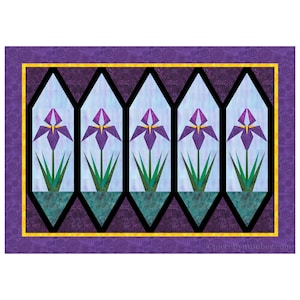 Stained Glass Irises paper piece wall hanging quilt pattern PDF, 30 x 42 in, foundation piecing FPP, floral spring flower garden botanical