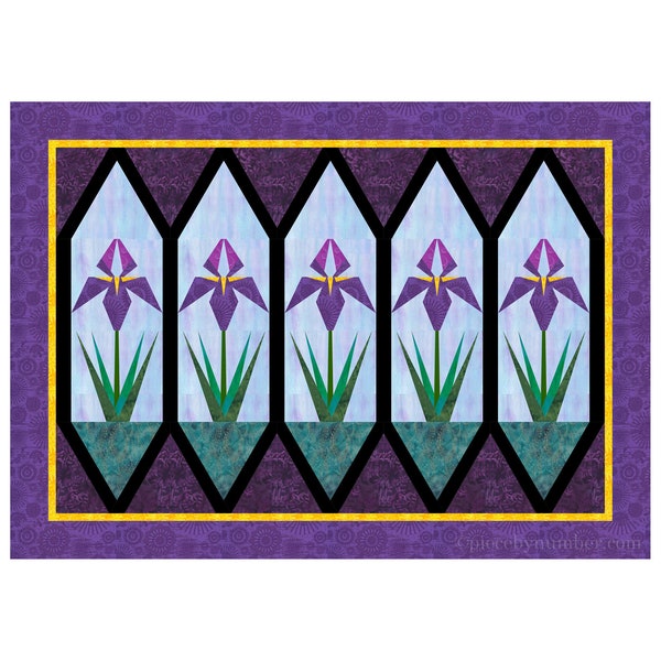 Stained Glass Irises paper piece wall hanging quilt pattern PDF, 30 x 42 in, foundation piecing FPP, floral spring flower garden botanical