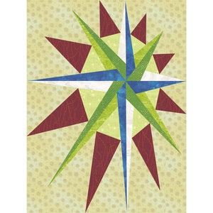 Retro Star paper piece quilt block pattern PDF, 9x12 inch, foundation piecing FPP, asymmetric Christmas xmas mariners compass star nova image 4