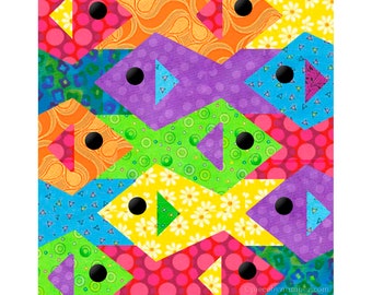 Tessellating Fish paper pieced quilt pattern PDF download, foundation piecing FPP, tessellation interlocked animal ocean marine sea life