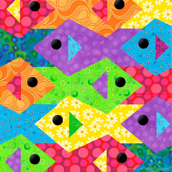 Tessellating Fish paper pieced quilt pattern PDF download, foundation piecing FPP, tessellation interlocked animal ocean marine sea life