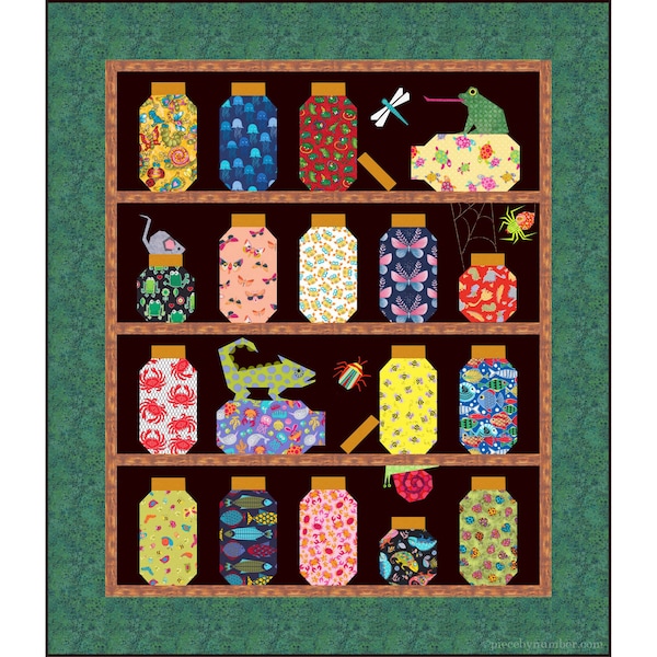 Escaping Bugs Bottle Quilt pattern for paper piecing PDF, 49 X 58 inches, foundation piecing animal insect critter mason canning jam jar