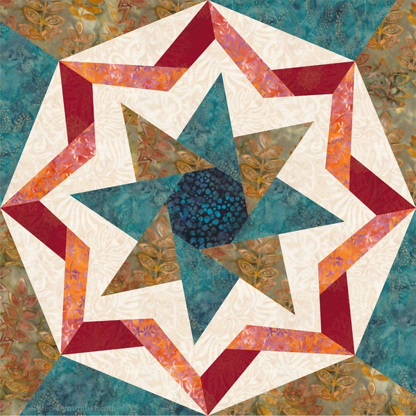 Archimedes Wheel paper piecing quilt block pattern PDF download, 12 inch, foundation pieced FPP, 8-pointed geometric ribbon star wreath