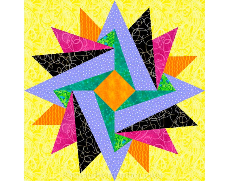 Indian Summer paper piece star quilt block pattern PDF download, 6 & 12 inch, God's Eye variation, easy FPP foundation piecing, geometric image 3