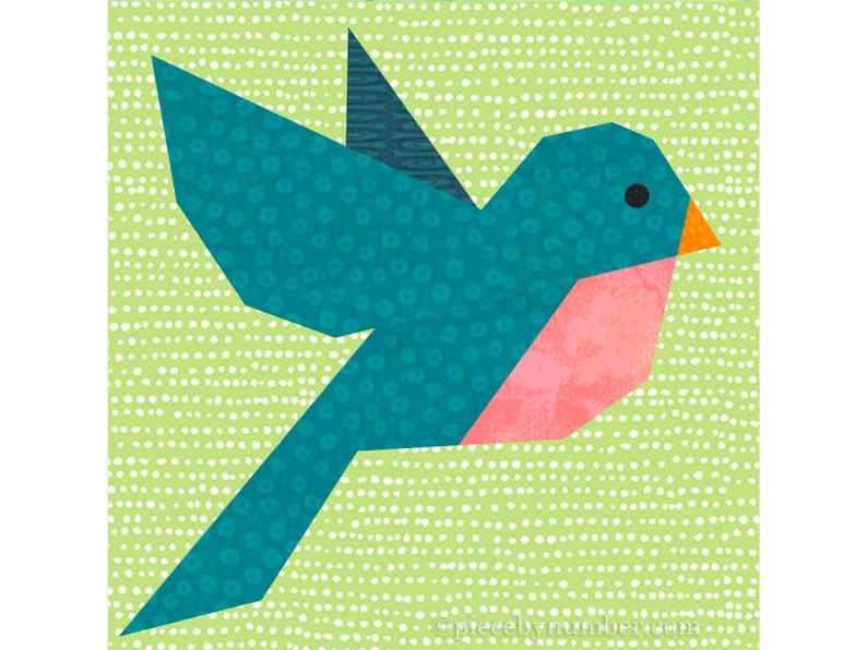 Bluebird paper piece quilt block pattern PDF download, 6 & 12 inch, easy foundation piecing FPP, flying robin redbreast bird wren animal image 3