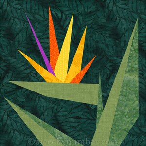 Bird of Paradise paper pieced flower quilt block pattern PDF, 6 & 12 inch, single unit design, foundation piecing FPP, nature floral garden