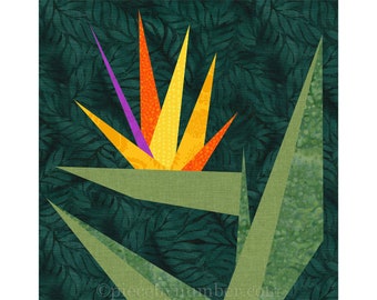 Bird of Paradise paper pieced flower quilt block pattern PDF, 6 & 12 inch, single unit design, foundation piecing FPP, nature floral garden