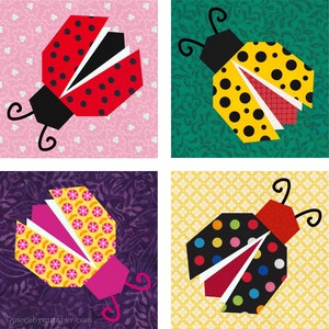 Ladybug paper piecing quilt block pattern PDF download, 6 & 12 inch, foundation piecing FPP, cute lady bird lady bug insect beetle nature
