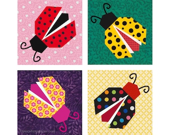 Ladybug paper piecing quilt block pattern PDF download, 6 & 12 inch, foundation piecing FPP, cute ladybird lady bug insect beetle nature