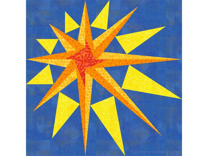 Supernova paper piece star quilt block pattern PDF, 12 inch, mariners compass, foundation piecing, Christmas Xmas radiant asymmetric star image 1