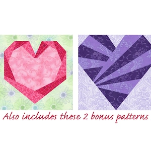 6 Hearts paper piece quilt block PDF pattern pack plus 2 bonus patterns, 6 & 12 inch, foundation piecing FPP, wedding baby valentine love image 2