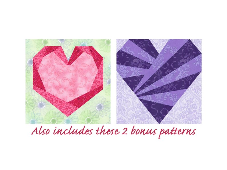 6 Hearts paper piece quilt block PDF pattern pack plus 2 bonus patterns, 6 & 12 inch, foundation piecing FPP, wedding baby valentine love image 2