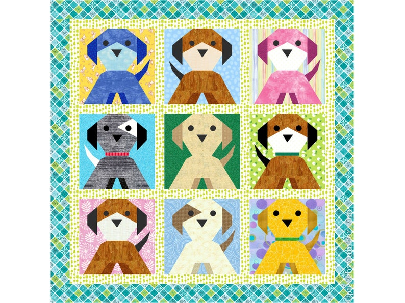 Puppy Dog paper piece quilt block pattern PDF download, 6 & 12 inch, foundation piecing FPP, dog puppy canine animal Labrador kids baby image 1