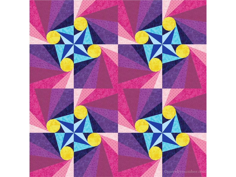 Tequila Sunrise paper pieced quilt block pattern PDF download, 6 and 12 inch, foundation piecing FPP, radiant sunshine wonky asymmetric star image 5