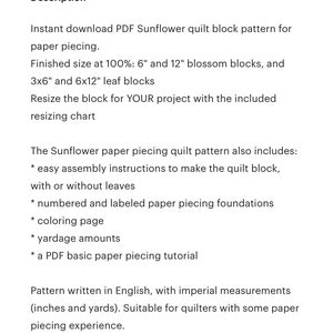 Sunflower paper pieced quilt block pattern PDF, 6 & 12 inch, foundation piecing FPP, botanical flower floral nature garden Provence summer image 6